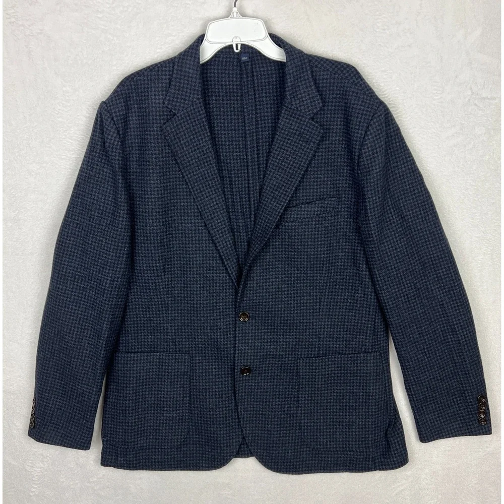 J Crew Thompson Blazer Mens 46 Suit Jacket Blue Houndstooth Unstructured Wool‎